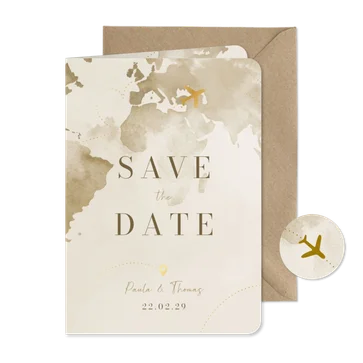 Save-the-Date-Karte Weltreise und Flugzeug mit Gold